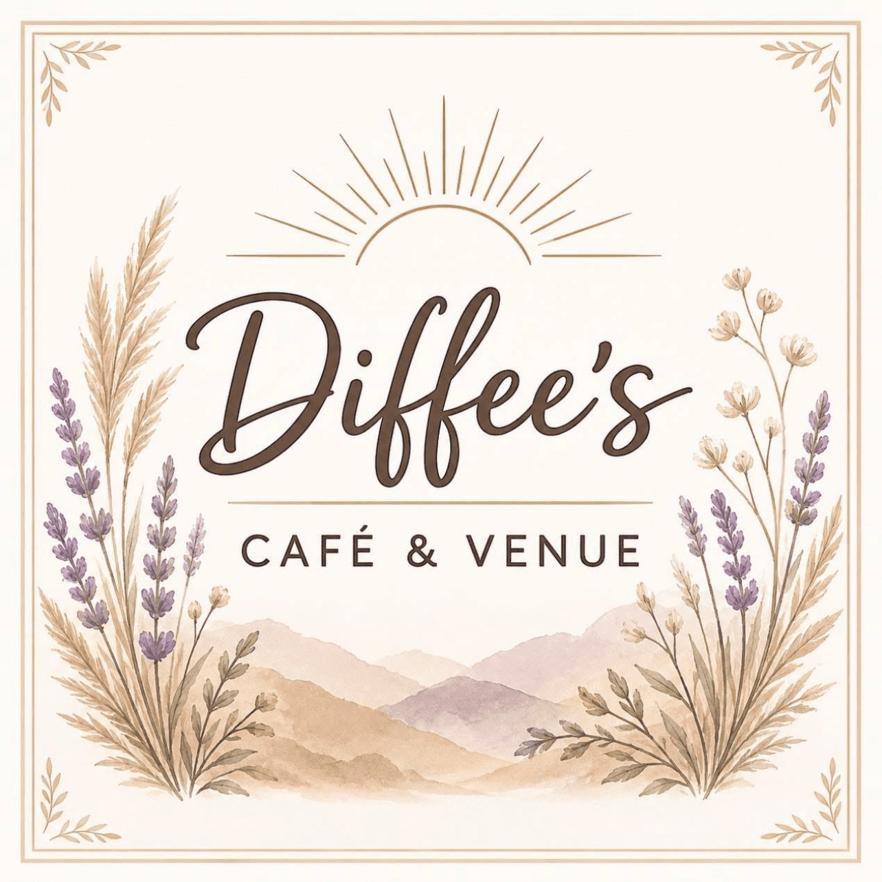 Diffee's Café & Venue logo with lavender, wildflowers, and mountains